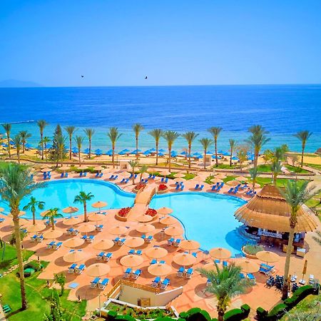 Pickalbatros Royal Grand Sharm - Adults Friendly 16 Years Plus Екстериор снимка The photo depicts a picturesque resort scene by the sea. In the foreground, there is a large, inviting swimming pool surrounded by lounge chairs and umbrellas. Palm trees are strategically placed around the pool area, adding to the tropical atmospher