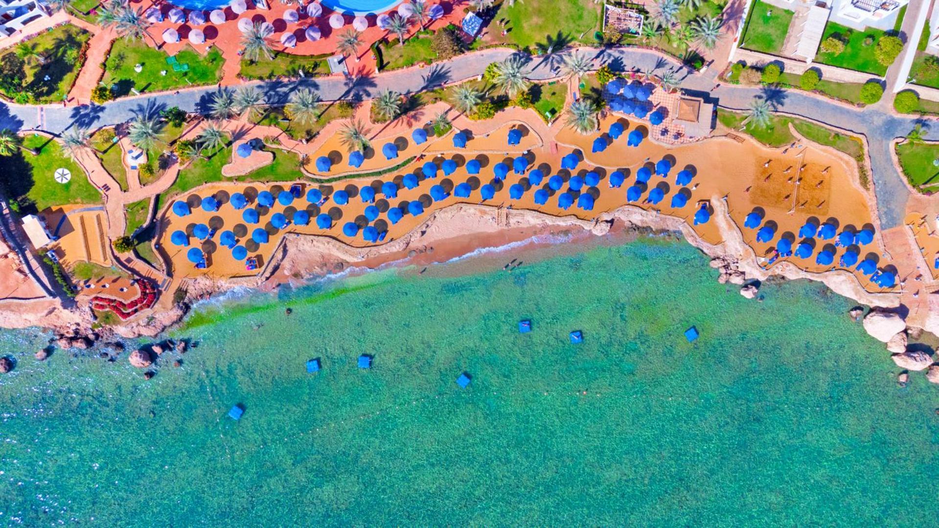 Pickalbatros Royal Grand Sharm - Adults Friendly 16 Years Plus Екстериор снимка The photo shows an aerial view of a beach resort area. You can see a stretch of golden sandy beach lined with numerous blue umbrellas. The beach is bordered by clear turquoise waters. There are palm trees scattered throughout the area, adding to the 
